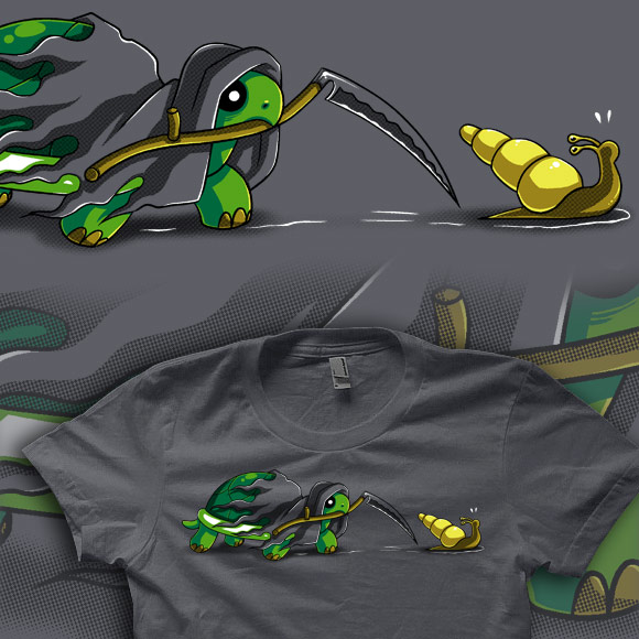 On a dark grey shirt a green turtle dressed as the grim reaper slowly chases a scared looking snail that is trying hard to slime away.