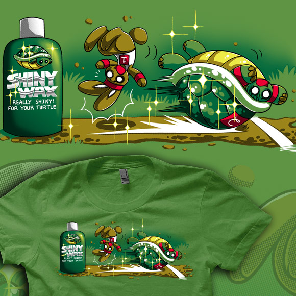 On a grass green shirt there is a bottle of "Shiny Wax, for your turtle." Next to the bottle the turtle is sliding on his back over the finish line knocking the rabbit in the air. 