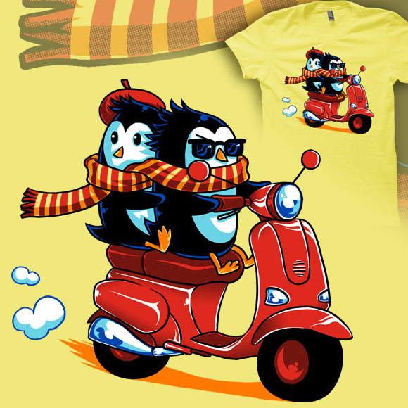 A lemon shirt with an image of two cute penguins riding a scooter wearing a red and yellow striped scarf that is shared between the two of them. One of them is wearing a red beret and the other one is wearing sun glasses.  Click on this image and link to buy a shirt from Shirt.woot.com, available until Monday December the 5th.